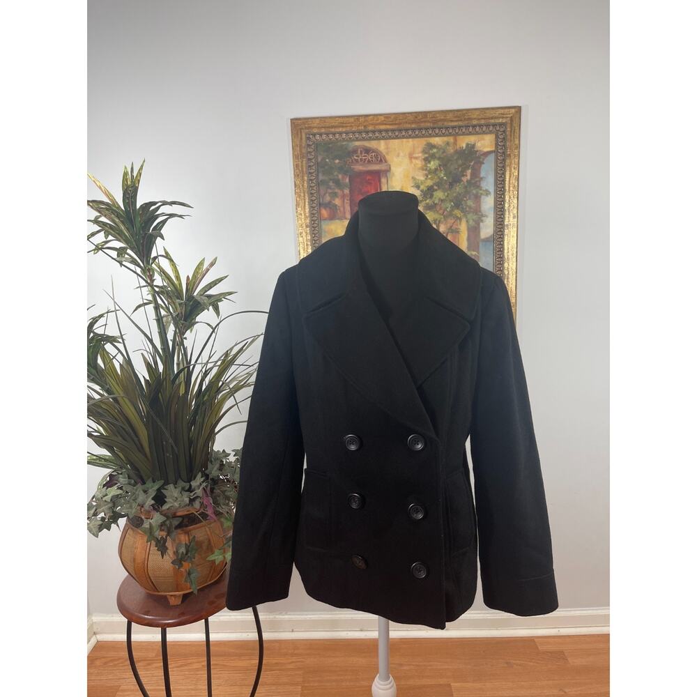 Merona Peacoat Womens Medium Black Wool Double Breasted Quiet Luxury Corpcore